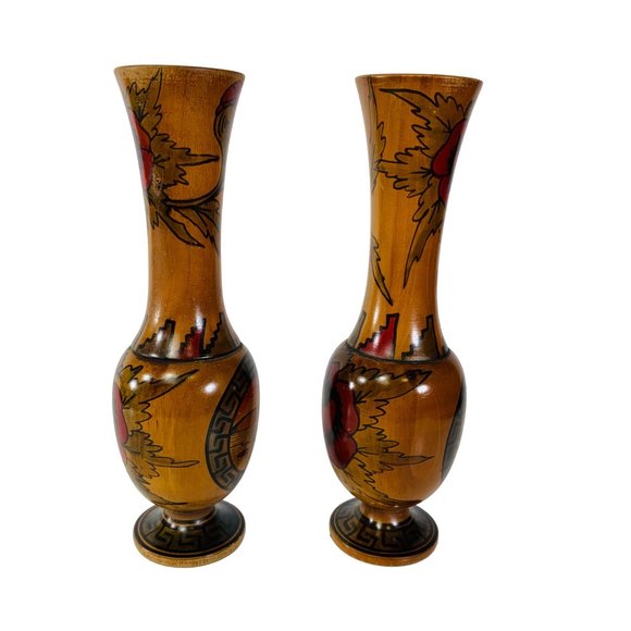 Vintage Set of 2 Wooden Vases Roses Floral Landscape South Western Mexican Decor - Picture 16 of 16